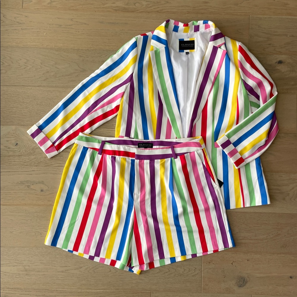 Rainbow Stripe Relaxed Blazer & Pleated Short SET